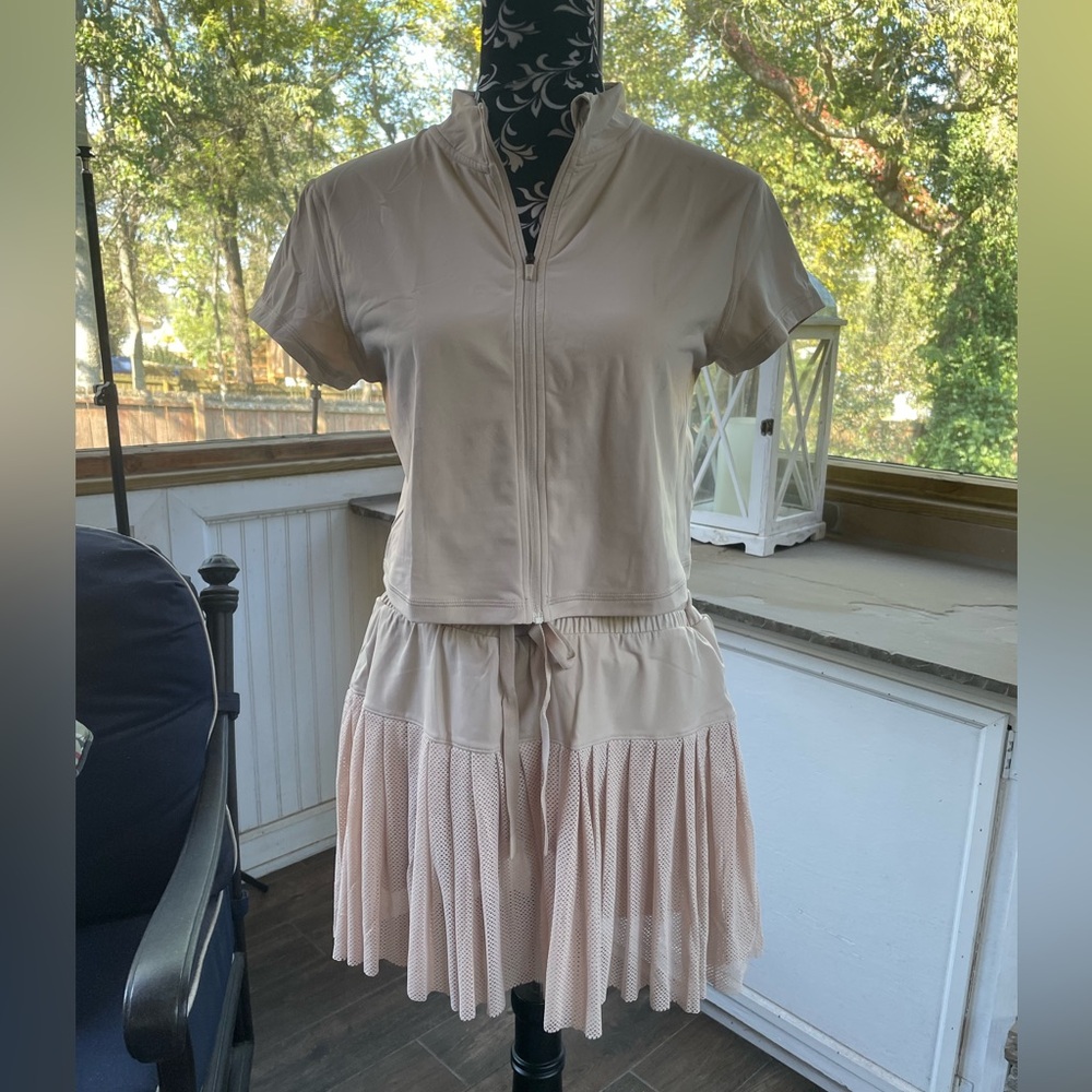 JoyLab Beige Short Sleeve Zip Front Skirt Set
